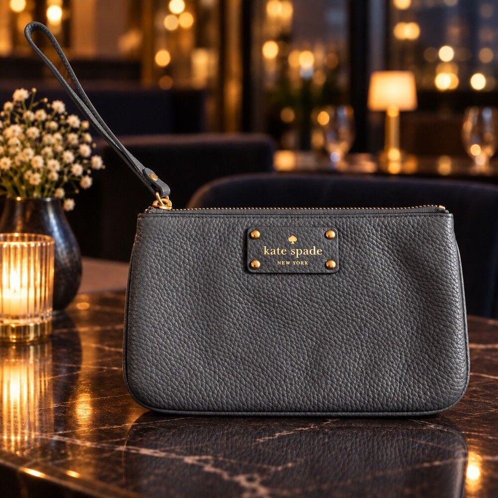 Kate Spade New York Women's Dark Gray Gold Pebbled Leather Medium Zip Wristlet